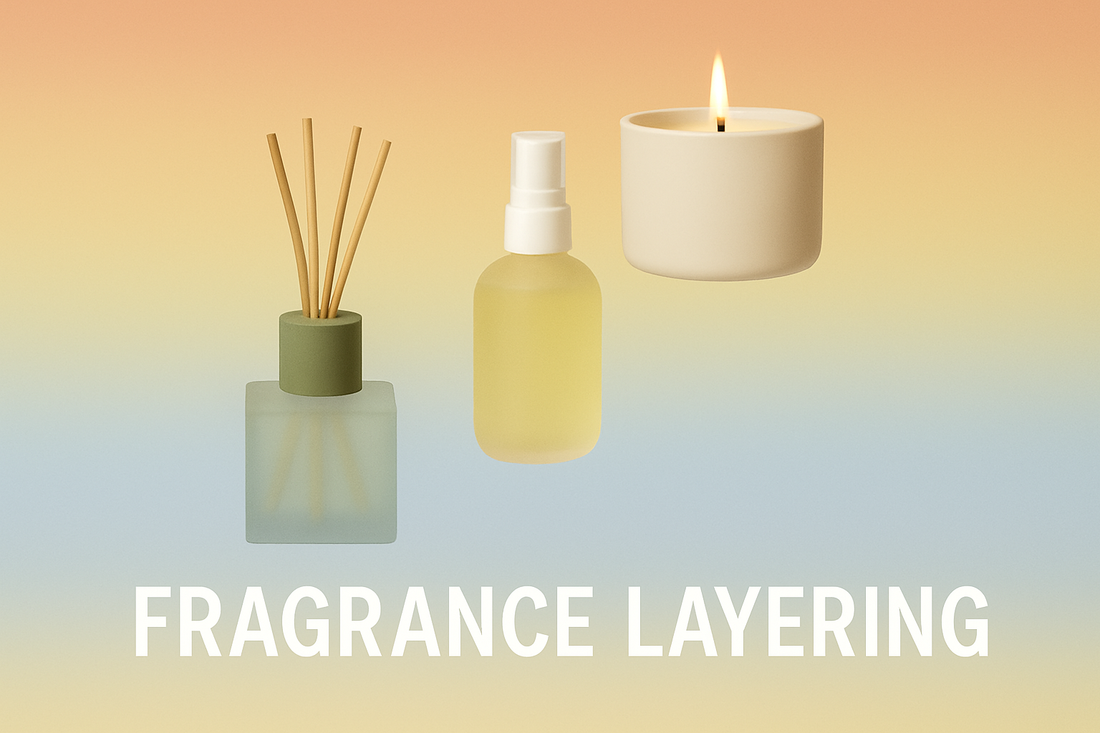 A reed diffuser, room spray, and candle in ascending order with the words “Fragrance Layering” written underneath