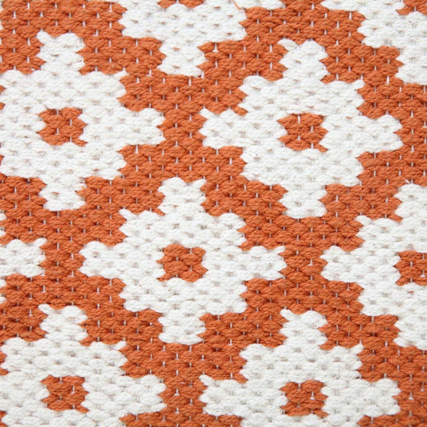 A close up of the geo-floral pattern in white and orange