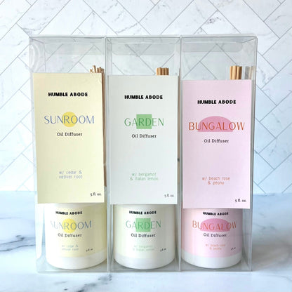 A set of the three reed diffusers in the trio--Sunroom, Garden and Bungalow