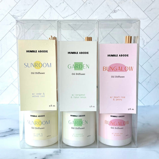 A set of the three reed diffusers in the trio--Sunroom, Garden and Bungalow