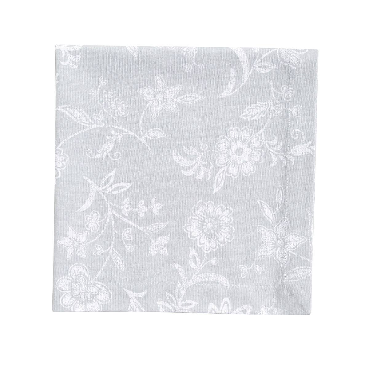 One Gray Floral Napkin shown against a black white background to show its color and pattern