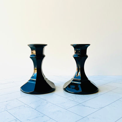 Vintage Black Amethyst Glass Candlesticks - The Offbeat Co.