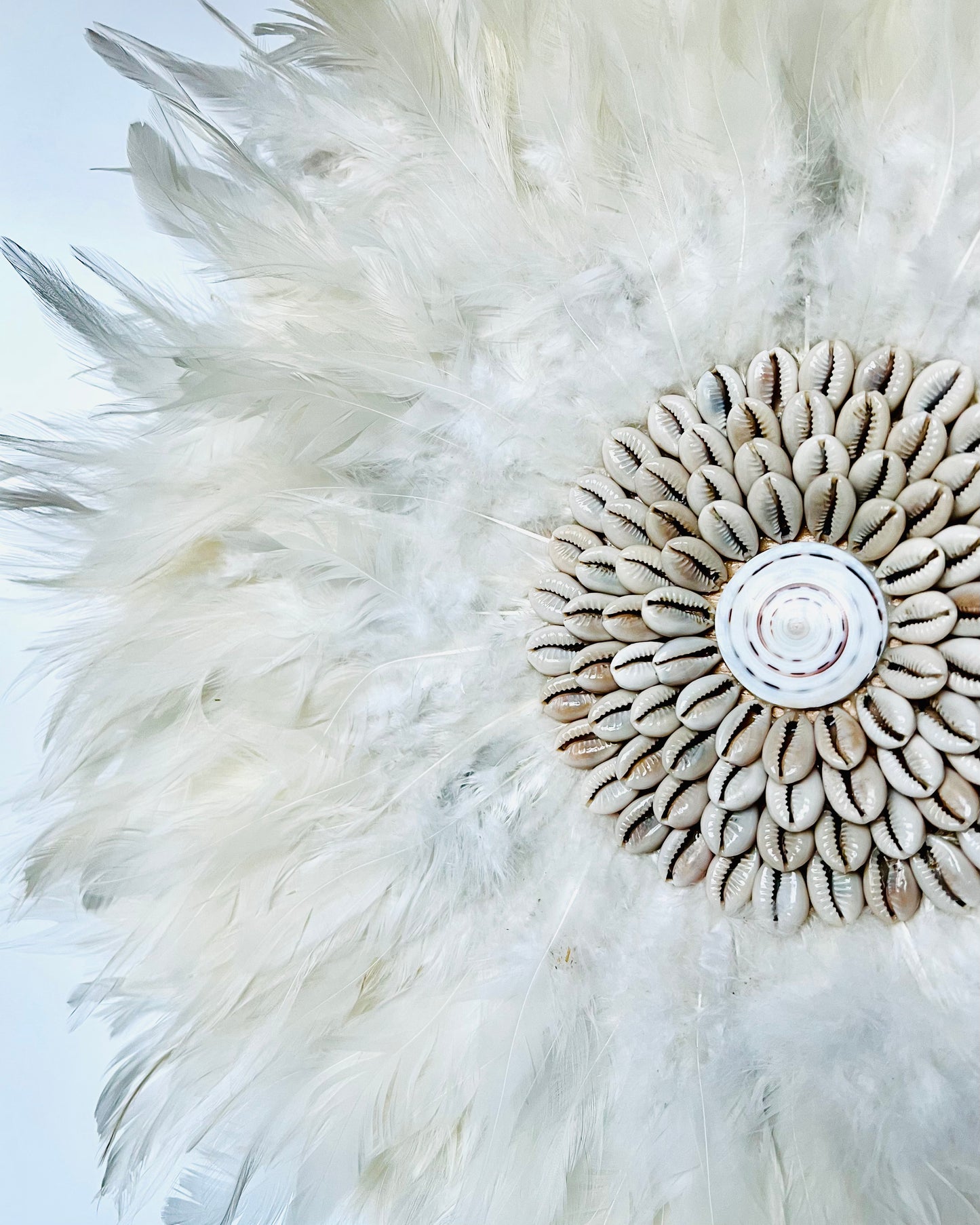 A close up of the Standing White Feathers Decor showing its fluffy white feathers and cream-colored shells in the center