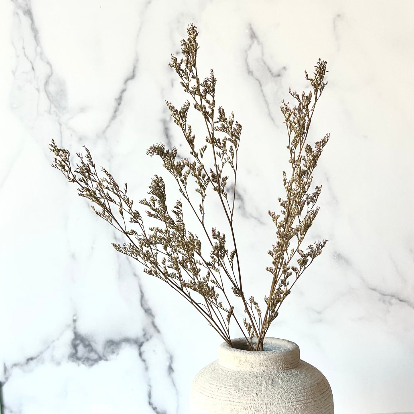 The top of a light gray vase filled with a few sprigs of dried stems