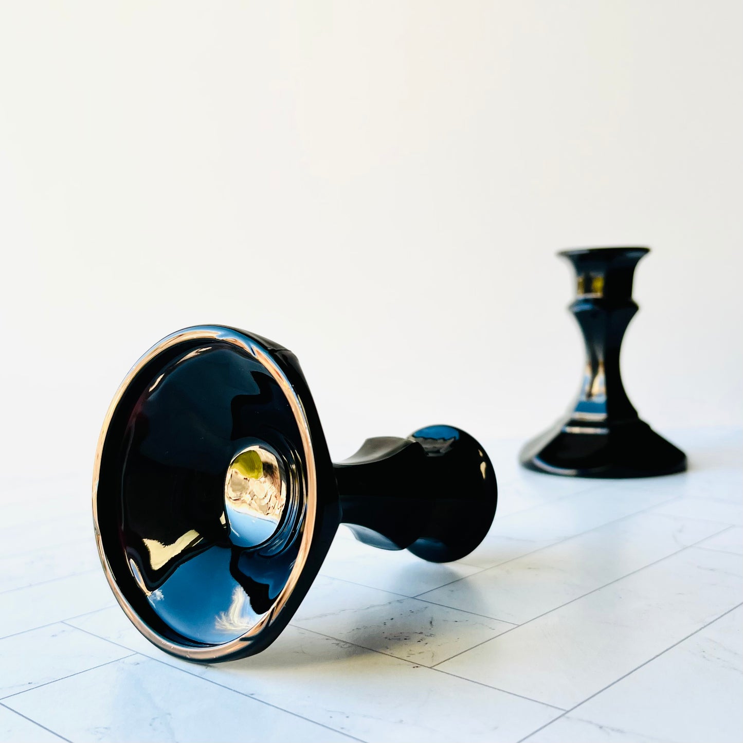 Vintage Black Amethyst Glass Candlesticks - The Offbeat Co.