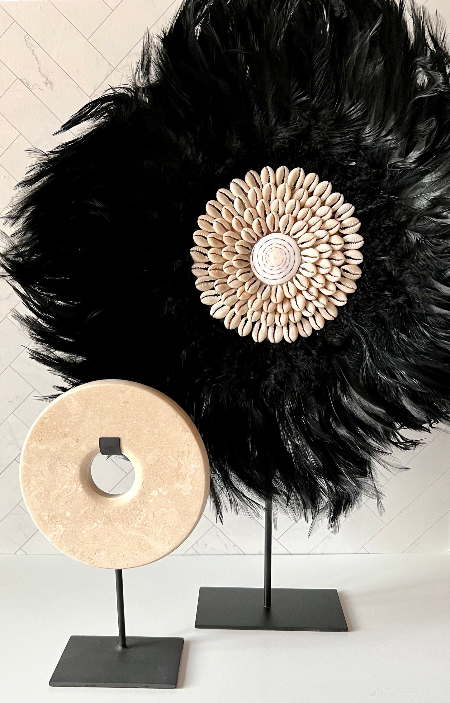 The Standing Beige Marble Disc with the Standing Feathers Decor piece behind to show size and styling